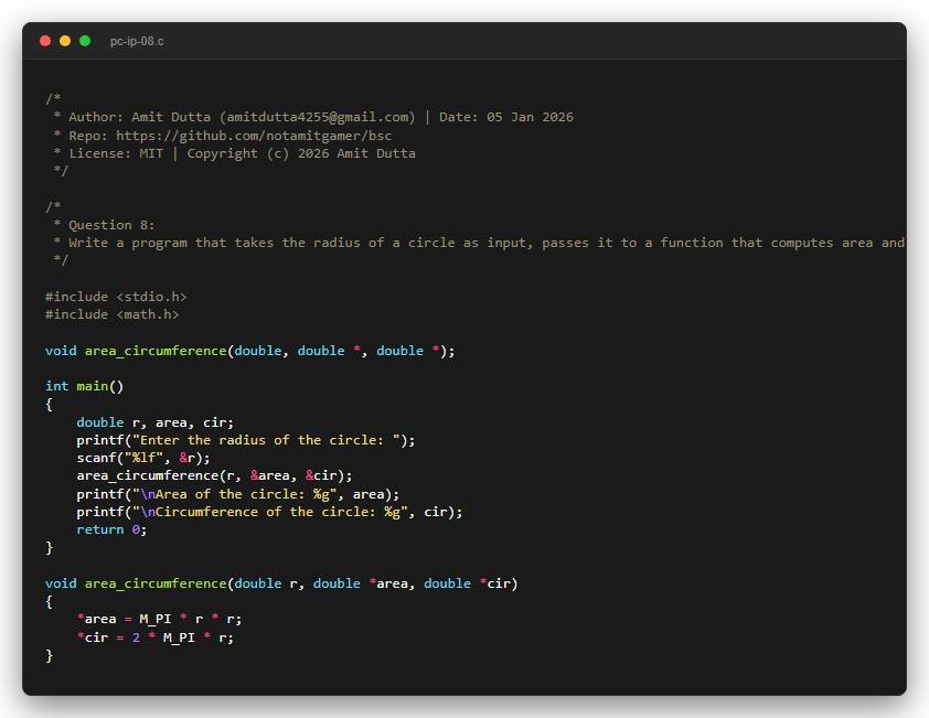 Question 8: Write a program that takes the radius of a circle as input, passes it to a function that computes area and circumference, and displays results in main().